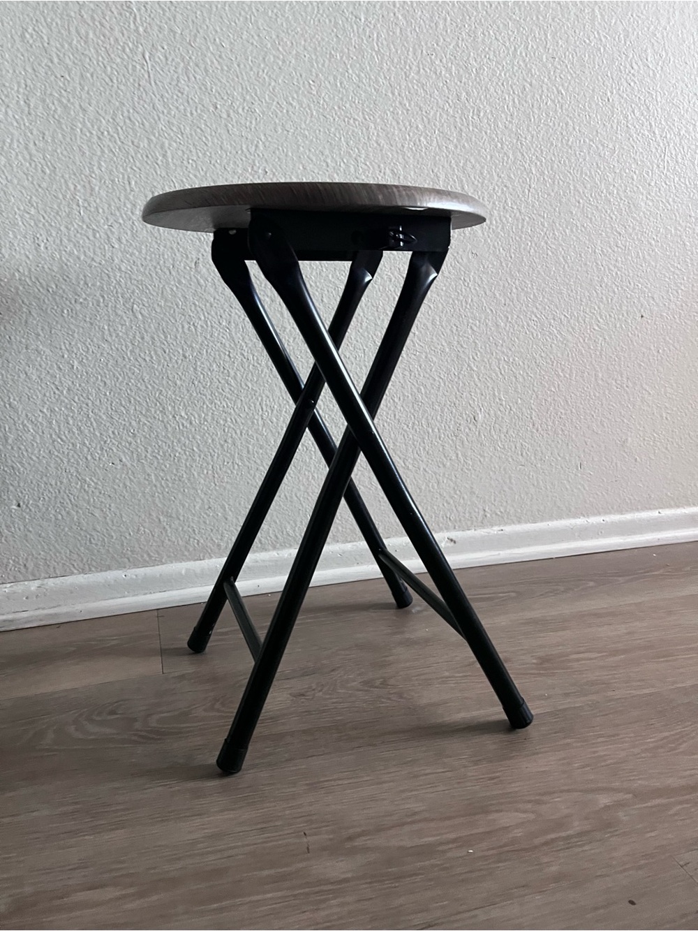 Folding Round Stool in Black with Light Wood Seat